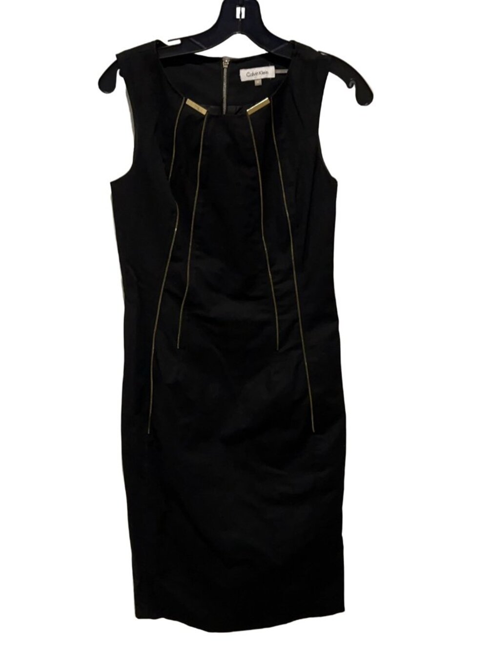 Calvin Klein Womens Sleeveless Dress Size 4 Black Gold Zipper Accents